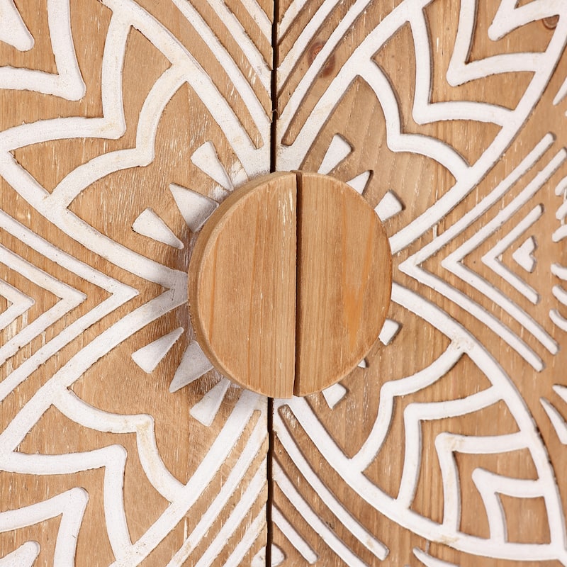 Natural Wood and White Floral 2-Door Storage Cabinet - 32.48" H x 31.5" W x 14.96" D
