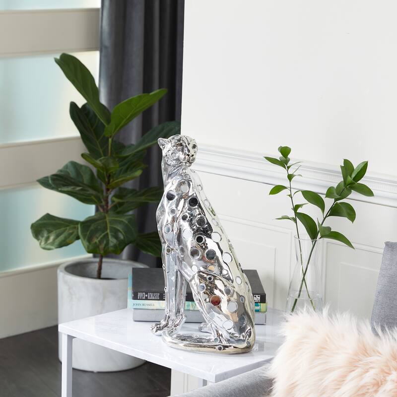 Polystone Glam Sculpture Leopard 16 x 7 x 9 - 7 x 9 x 16 - Silver