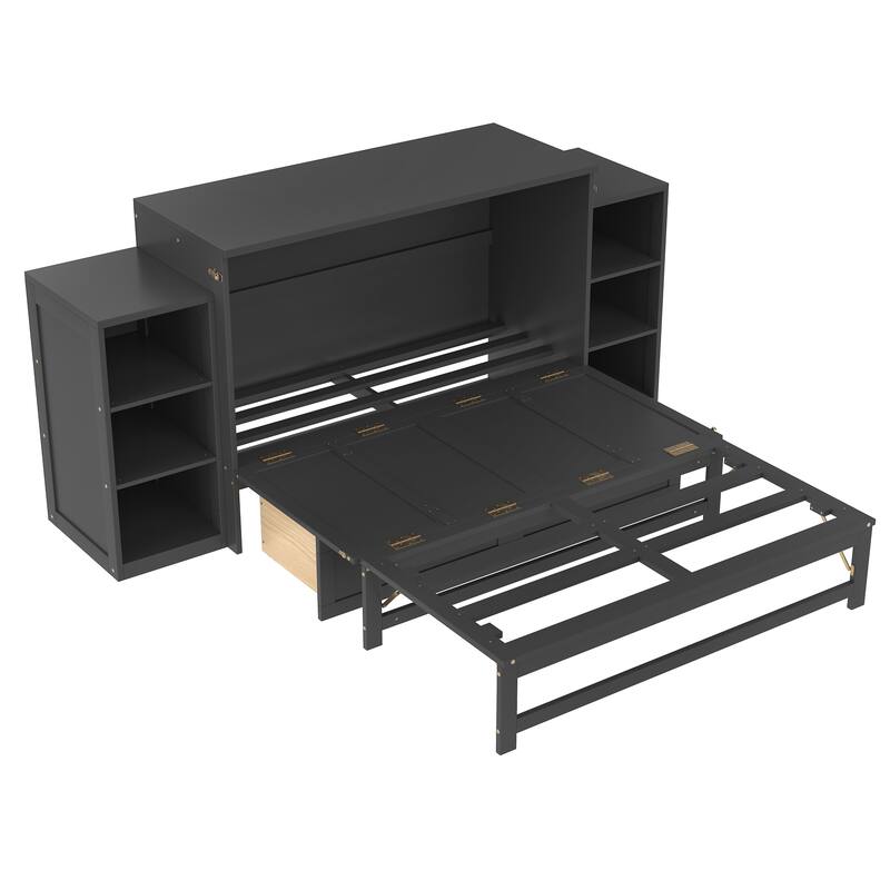 Roomfitters Murphy Bed with Storage Drawers and Shelves, Solid Wood Wall Bed Cabinet