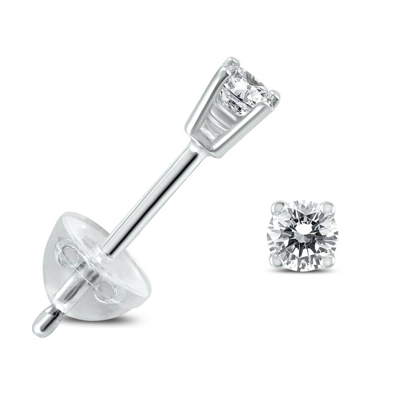Marquee .04CTW Round Diamond Solitaire Stud Earrings In 14k White Gold with Silicon Backs