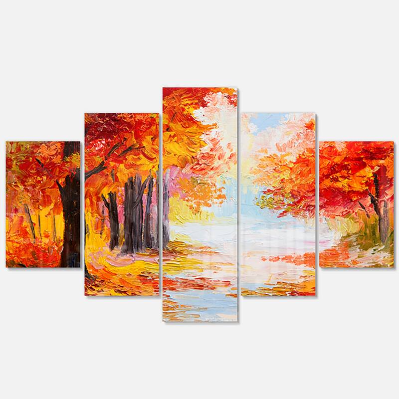 Designart 'Orange Forest in Autumn' Landscape Metal Wall Art - 60 in. wide x 32 in. high - 5 Panels Diamond Shape
