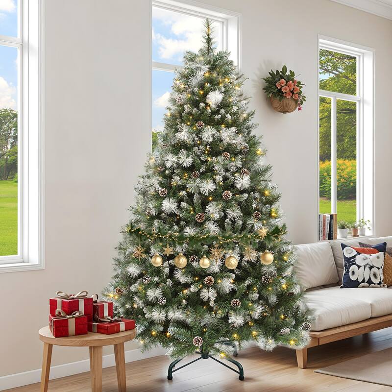 4.5/6ft Prelit & Pre-Decorated Scotch Pine Christmas Tree with Remote Control, Frosted Christmas Tree with Pine-Cones & Needles