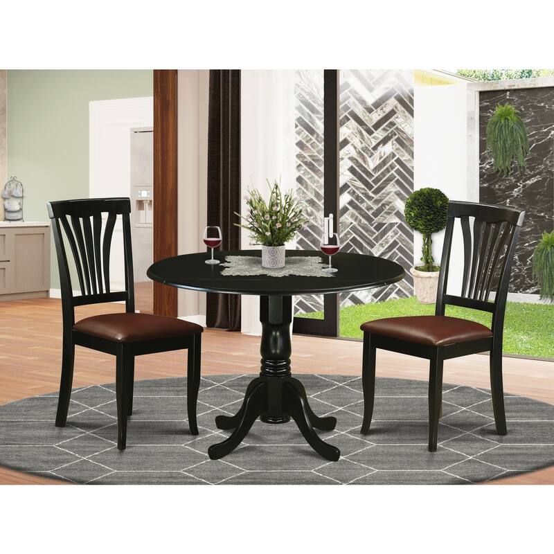 Dining Table Set with 2 Chairs, Round Dropleaf Kitchen Table, Solid Rubberwood, Saddle Brown Finish, 42x42 Inch