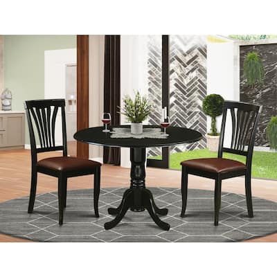 Dining Table Set with 2 Chairs, Round Dropleaf Kitchen Table, Solid Rubberwood, Saddle Brown Finish, 42x42 Inch
