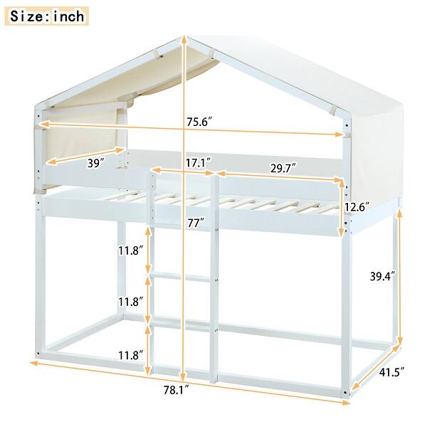 dimension image slide 2 of 3, Twin Over Twin House Bunk Bed with Tent, Solid Wood Double Bedframe