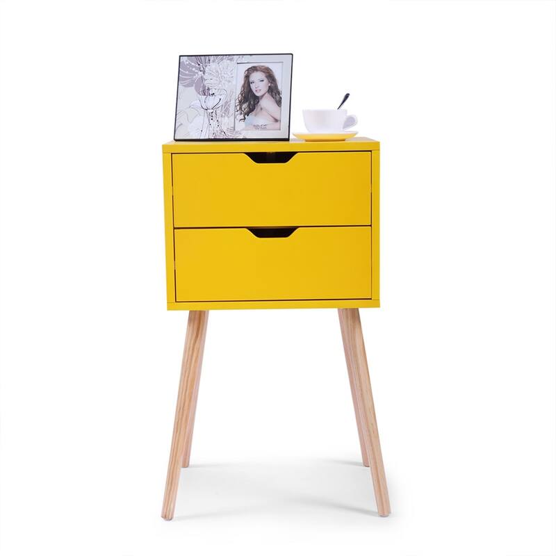 Mid Century Wood Nightstand with 2 Drawers and Pinewood Leg (Set of 2)