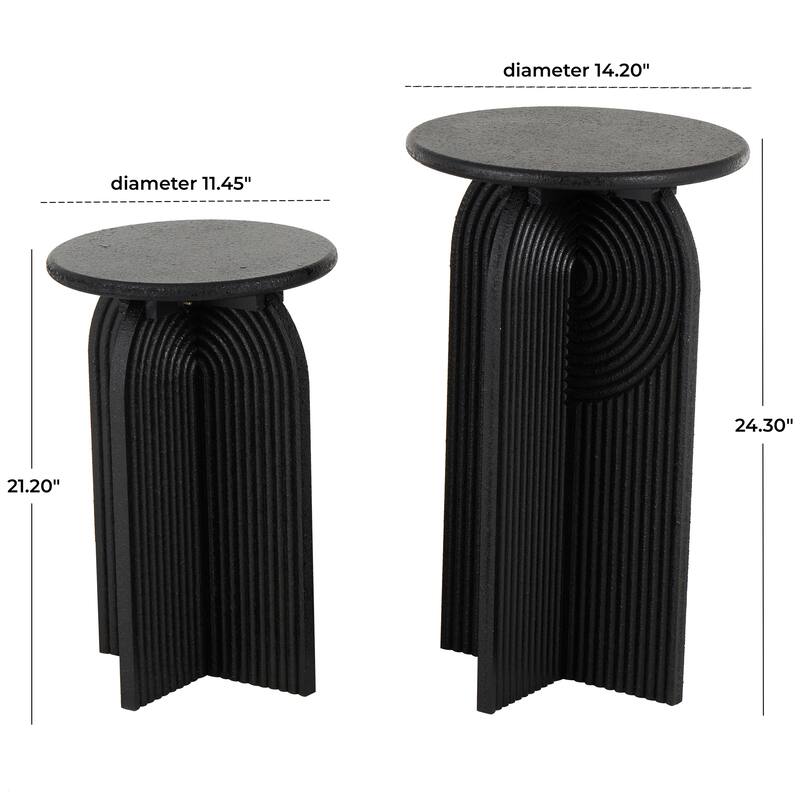 Wood Geometric Sandstone Carved Art Deco Arched Pedestal Accent Table - Set of 2 Black - Roche River Decor