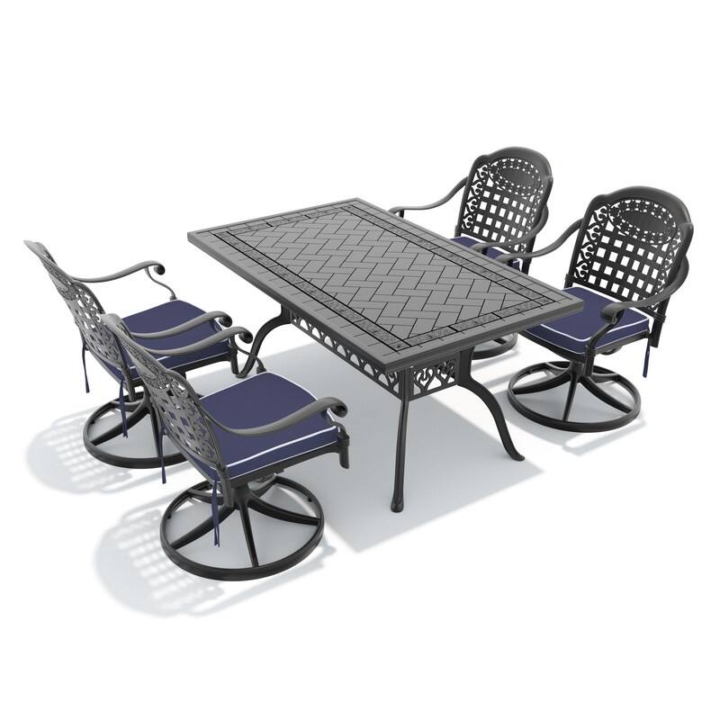 5-Piece Aluminum Rectangular Outdoor Patio Dining Set, 4 Cushioned Swivel Chairs, Table, All-Weather Frames