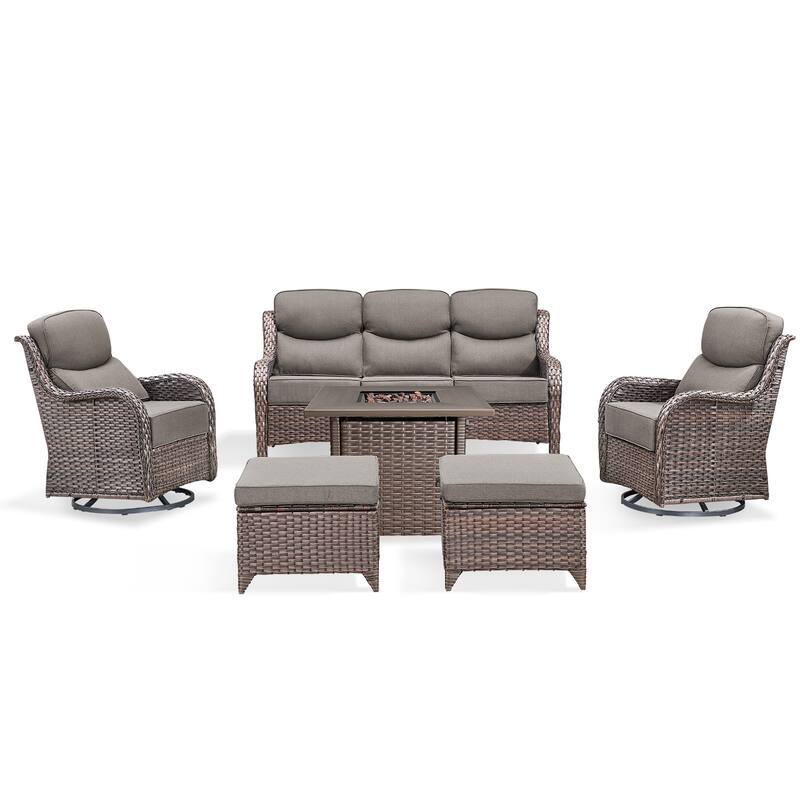 Pocassy 6 Pieces Outdoor 6" Sofa Swivel Chair Ottoman with Fire Pit Table