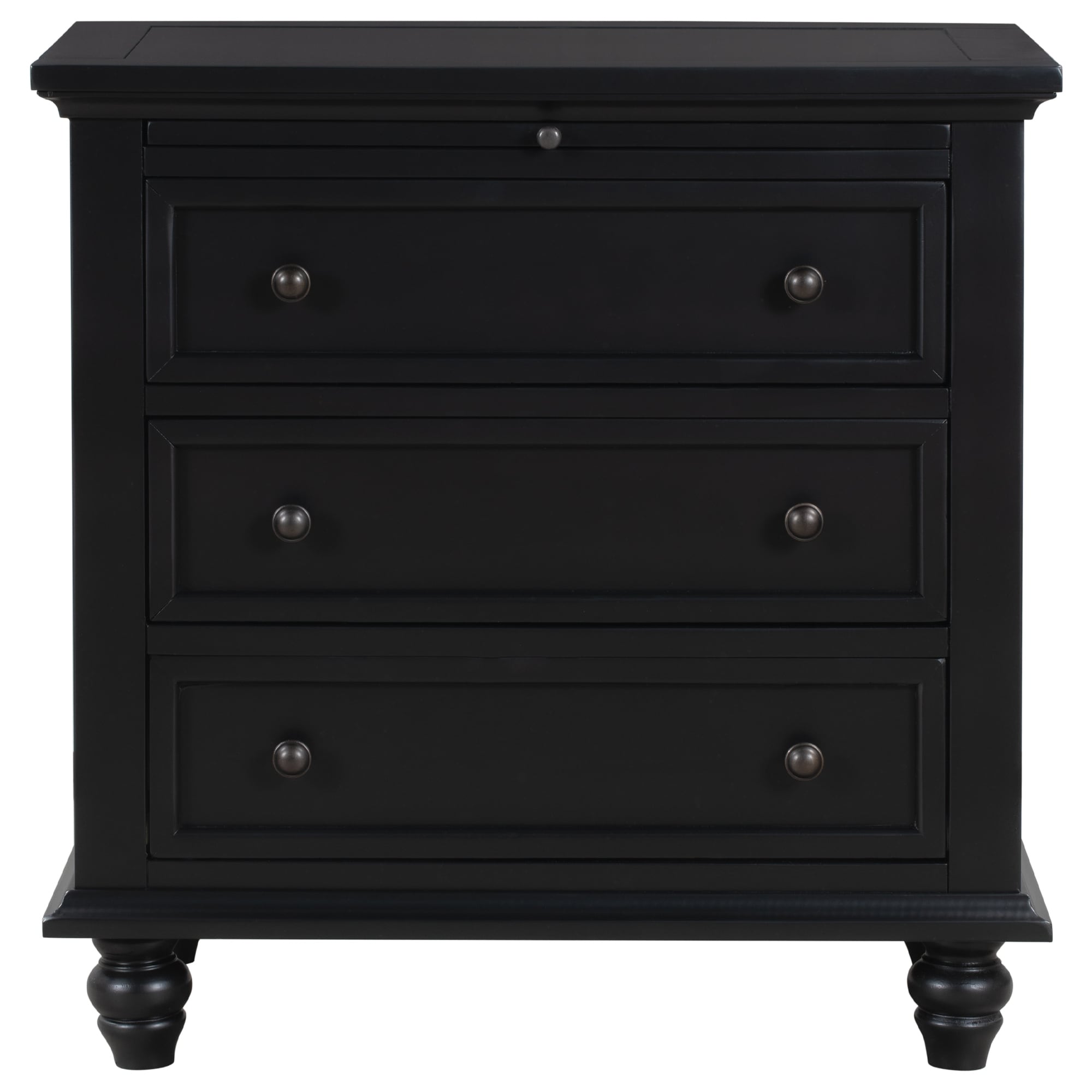 Black nightstand with store pull out tray