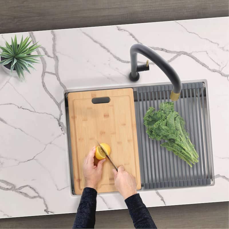 AZUNI 25"L x 19"L Single Bowl Undermount 16G Reversible Workstation Kitchen Sink with accessories C126L - 25" x 19" x 10"