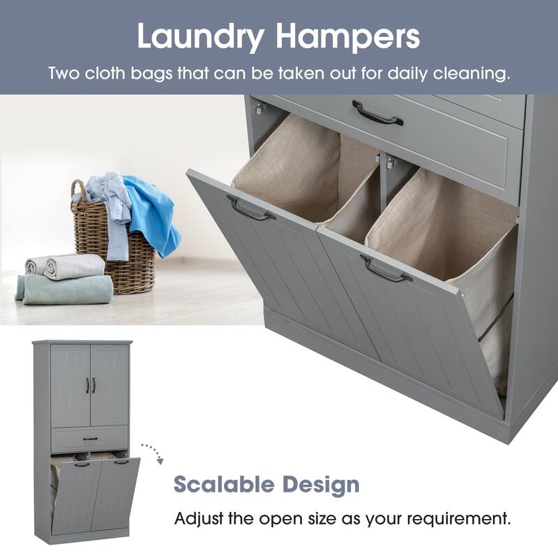 Freestanding Bathroom Cabinet with Laundry Hampers and Drawer, Tall Storage Unit with Adjustable Shelves and Doors