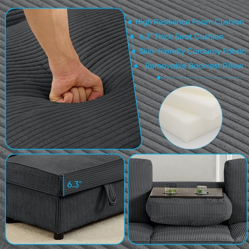 Mixoy 98’‘Multi-Functional Corduroy Upholstered Sofa Bed with Foldable Backrest Converts toTable,Cup Holde,Storage Ottoman