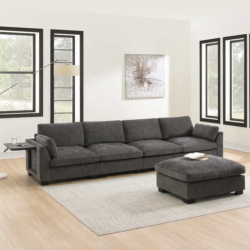 L-Shape Chenille Modular Sectional Sofa with Folding Table&Dual-Port Charging by Harper&Bright Designs - Charcoal