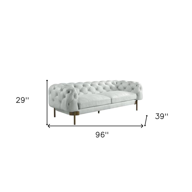 HomeRoots 96" Light Slate Gray Top Grain Leather Sofa With Gold Legs - 96