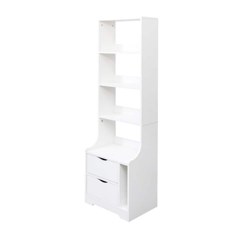 Tall Nightstand with Bookshelf, Bedside Table with 4-Shelf Storage Rack, Couch Side Table with 2 Storage Drawers