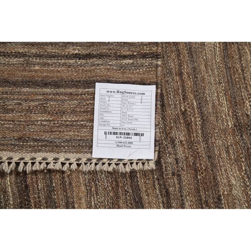 Hand-Woven Brown Kilim Persian Vintage Rug Hand-Knotted Wool Carpet - 5'2"x 6'7"