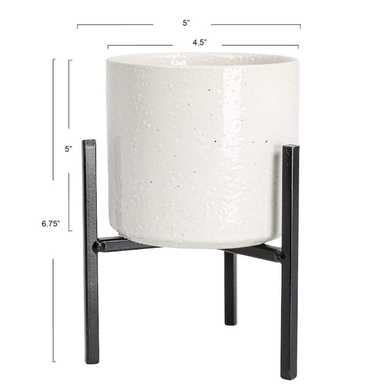 White Stoneware Flower Pot with Black Metal Stand