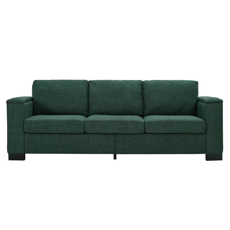 Fabric Upholstered 3 Seater Sofa, Lounge Sofa with Square Arm, Oversized Deep Seat Sofa with Storage & Cup Holders