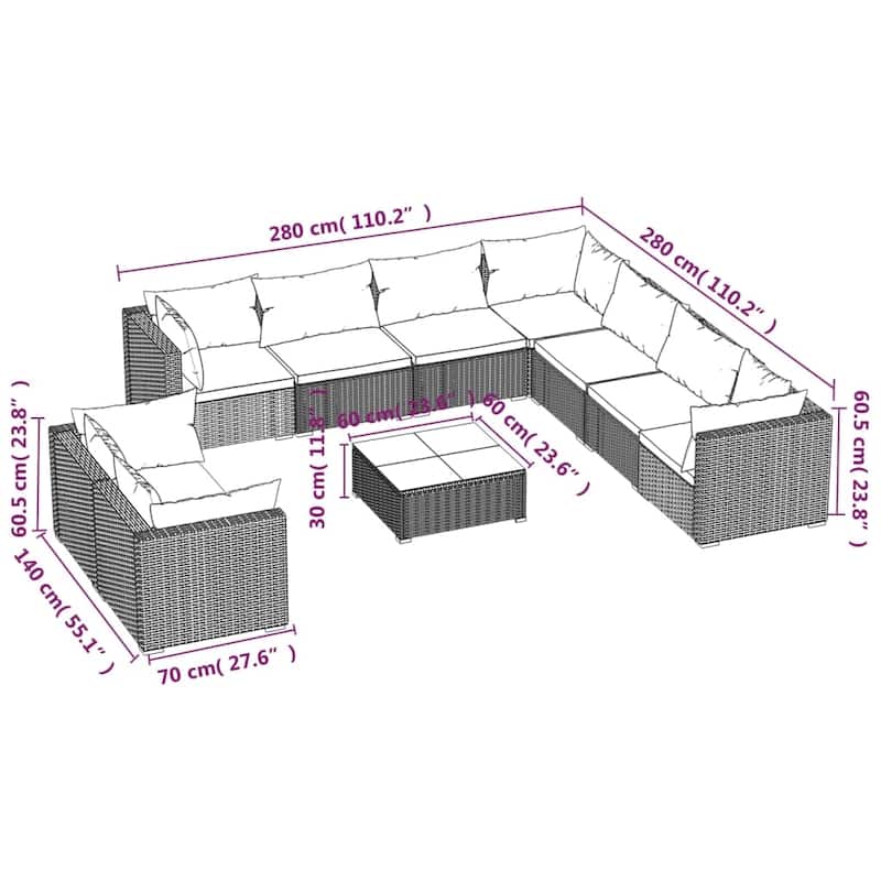 vidaXL Patio Lounge Set Outdoor Sectional Sofa Set Table Garden Poly Rattan - 27.6" x 27.6" x 23.8"