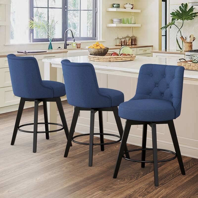 LUE BONA 26" Counter Height Swivel Bar Stools with Solid Wood Frame Set of 3 - 26" H - Navy Blue
