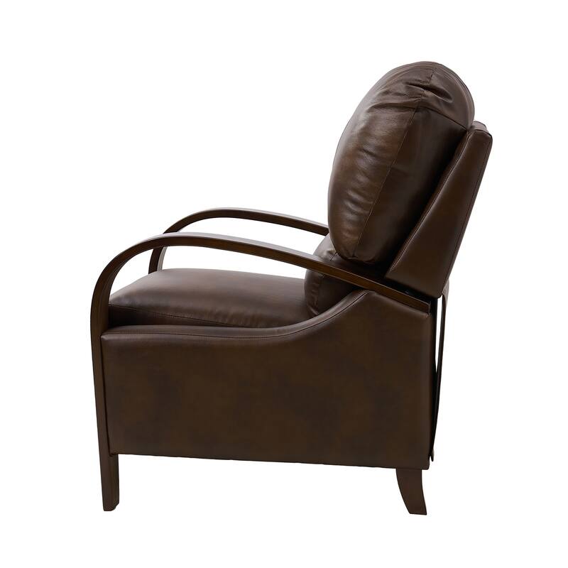 Alex Mid-century Modern Genuine Leather Manual Recliner with Wooden Curved Arms