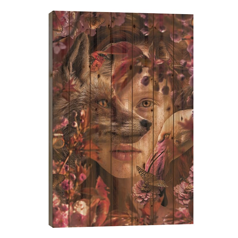 Woman Among Flowers With Fox Print On Wood by Adrian Vieriu - Multi-Color - 40x26x1.5