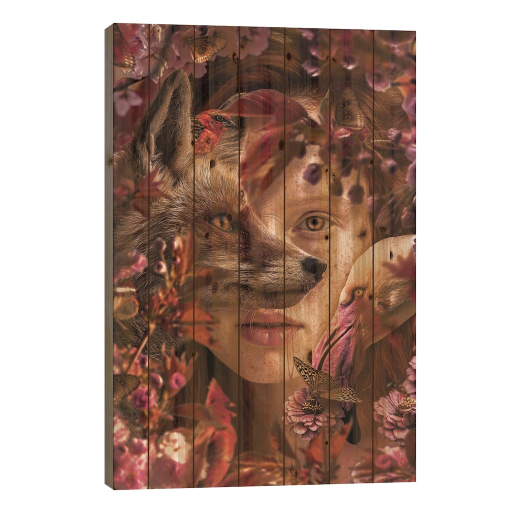 Woman Among Flowers With Fox Print On Wood by Adrian Vieriu - Multi-Color