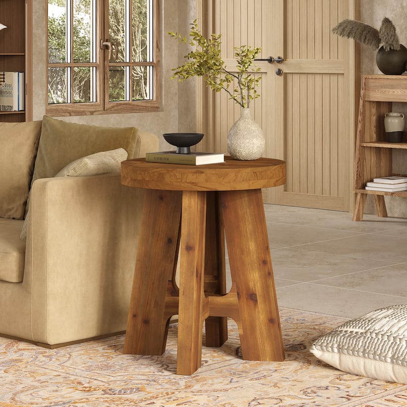 Solid Wood Round End Table, Farmhouse Small Round Side Table - Brown