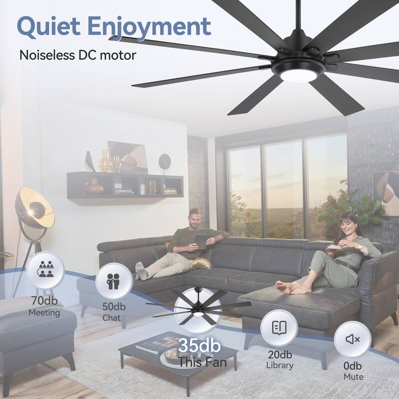 65"/72" Modern Black LED Ceiling Fan with Light Remote (8 Reversible Blades)