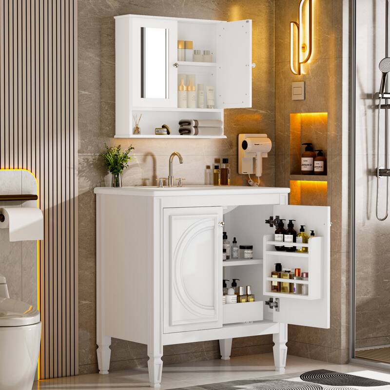 30" Bathroom Vanity with Matching Mirror Medicine Cabinet Combo Set, Modern Bathroom Storage Cabinet with Ceramic Sink