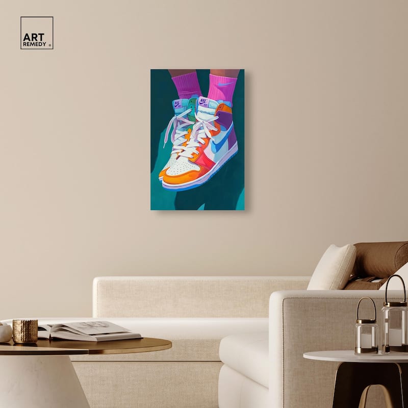 Colorful Sneaker Jump Canvas by Art Remedy, Gallery Wrapped