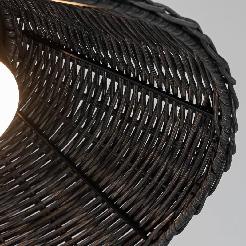 1-Light Black Rattan LED Chandelier Handwoven Straw Hat Pendant Light - 13.4"W x 5.2"H