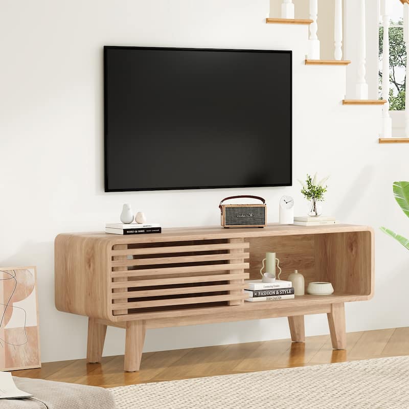 TV Stand for TV Up to 59 Inch, Entertainment Center with Storage Cabinet and Sliding Door, Mid-Modern Century Console Table