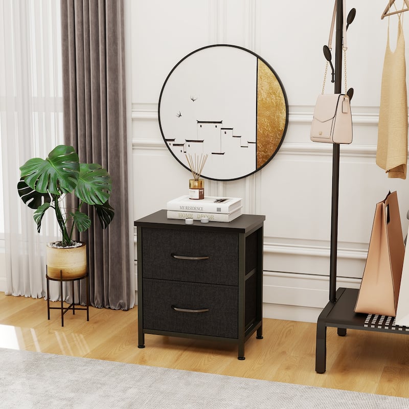 Nightstand, Bedside Table with 2 Storage Drawers, Wooden Top Fabric Cabinet Kids Mini Dresser for Bedroom, Closet, Entryway - Black