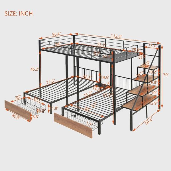 Full over Twin-Twin Triple bunk bed with drawers and staircase - Bed ...