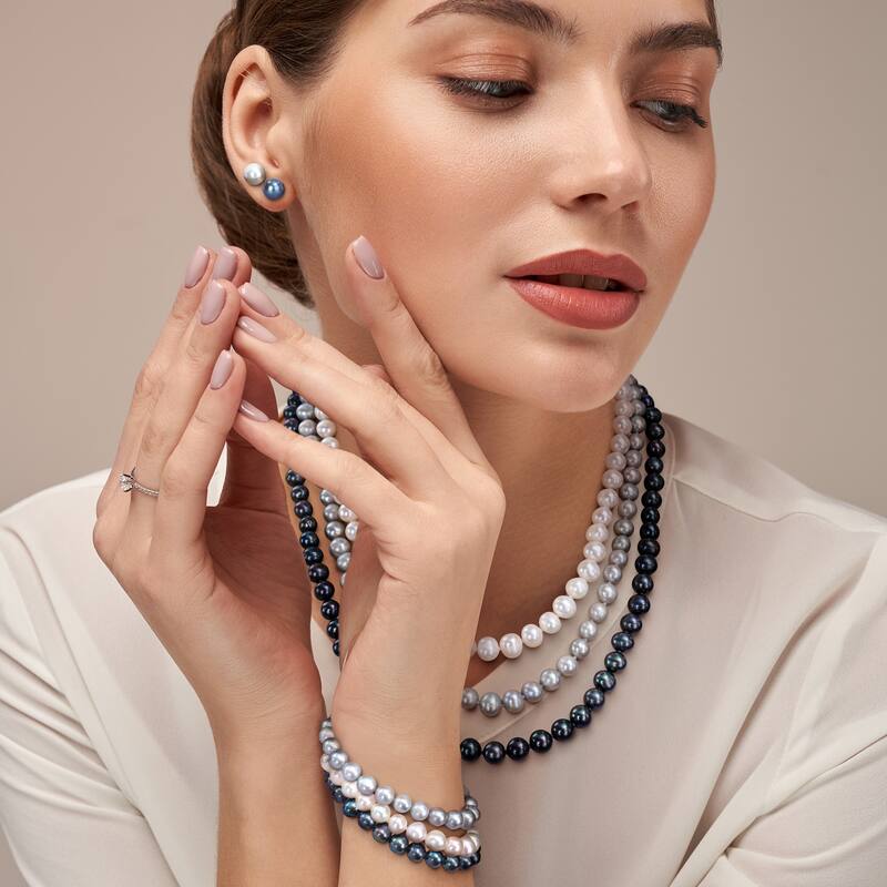 Miadora 7 Pc Set Multicolor 7.5-8mm FW Pearls 3-Strand Necklace, 3x7" Stretch Bracelets, 3 Pairs Earrings Sterling Silver