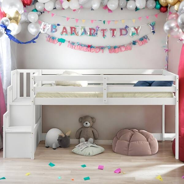 slide 2 of 5, Modern Twin Size Loft bed With Staircase And Storage Or Entertainment Space for Bedroom White