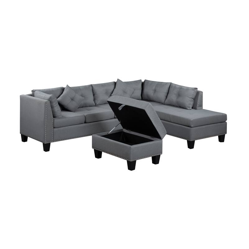 104.5" Gray Upholstered Sofa Set with Comfortable Coin-Spring Cushions, Sturdy Frame, Chaise Lounge, Versatile Storage Ottoman