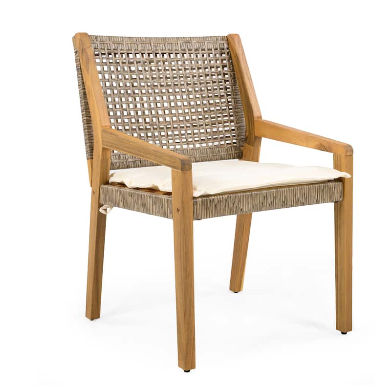OUTDOOR DINING CHAIR SET-Acacia Wood and Wicker with Cream Cushion Patio Furniture-Teak finish & wicke Brown ,set of 6