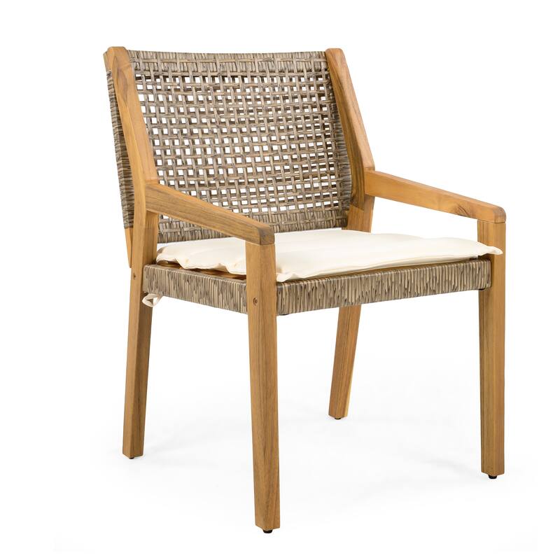 Roomfitters Outdoor Acacia Wood and Wicker Dining Chairs with Cream Cushions Teak Finish and Brown Wicker
