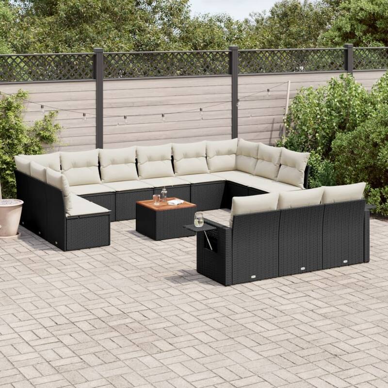 vidaXL Garden Sofa Set 14 Piece with Cushions Outdoor Sofa Set Poly Rattan - 24.4 x 24.4 x 27.2 in (W x L x H) - Black and Cream