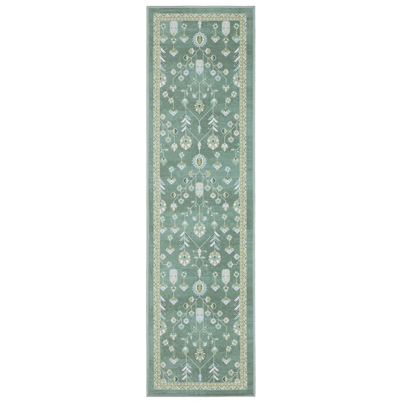Addison Vintage Traditional Teal/ Green Printed Washable Flat Pile Area Rug - 2' x 7'