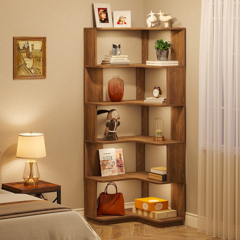 6-Tier Corner Book Shelf, 64.9"Tall Freestanding Wood Industrial Bookcase Bookshelf