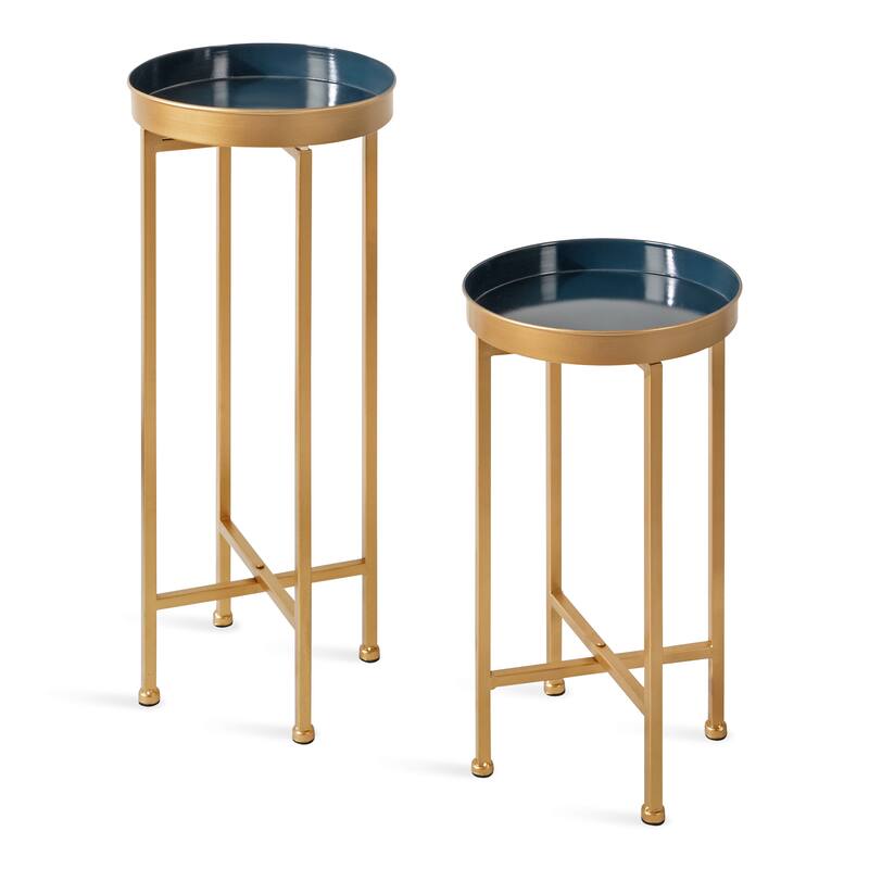 Kate and Laurel Celia Round Metal Foldable Tray Table Set - 2 Piece - Navy Blue/Gold