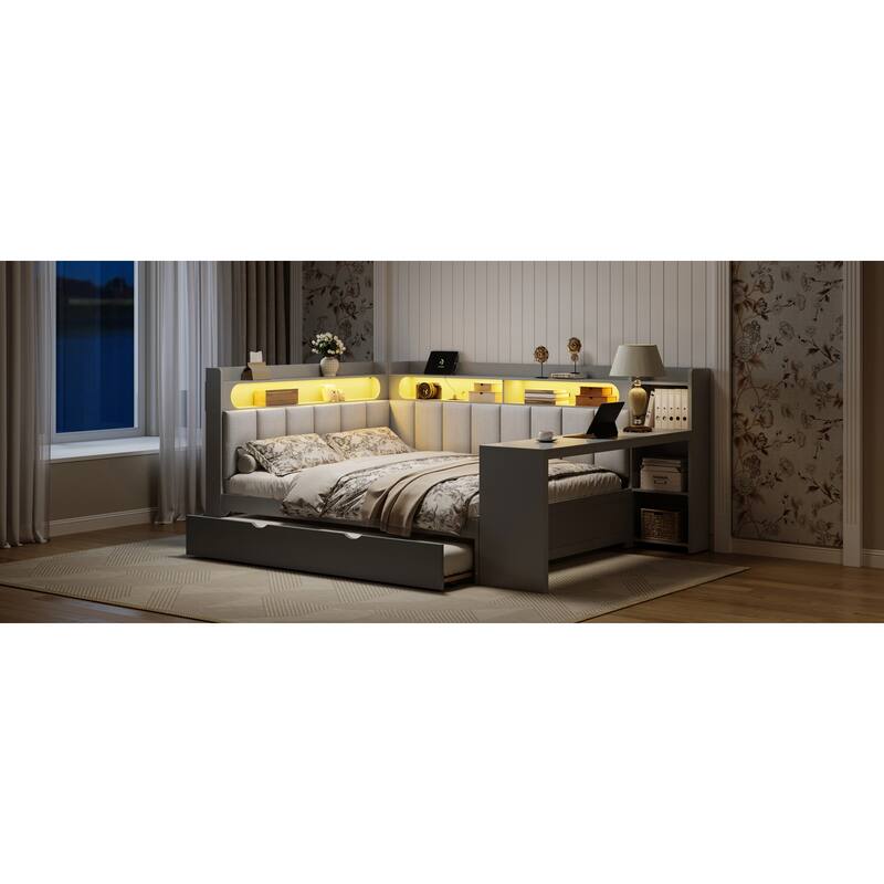 Roomfitters Full Daybed with Trundle, Charging Station and Upholstered Headboard