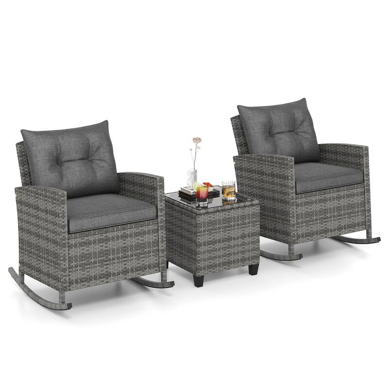 Gymax Set of 3 Wicker Rocking Set Patio w/ Tempered Glass Table & Soft