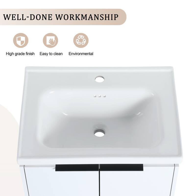 24" Wall-Mounted Bathroom Vanity with Ceramic Sink and Soft-Close Doors, Side Cabinet for Extra Storage