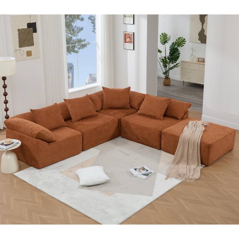 GDFStudio - Chenille L-Shaped Modular 5-Seater Sectional Sofa with Ottoman