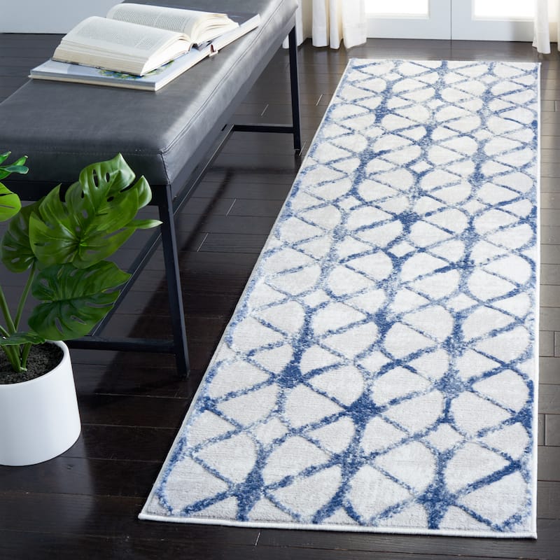 SAFAVIEH Amelia Tanasa Geometric Distressed Rug - 2'2" x 8' Runner - Grey/Navy